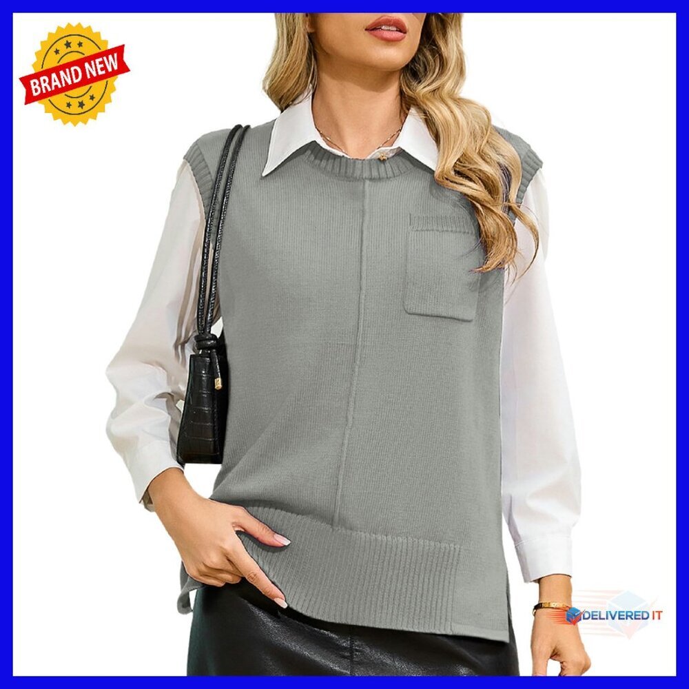 Women's Crew Neck Sleeveless Sweater Vest with Pockets Ribbed Knit Pullover